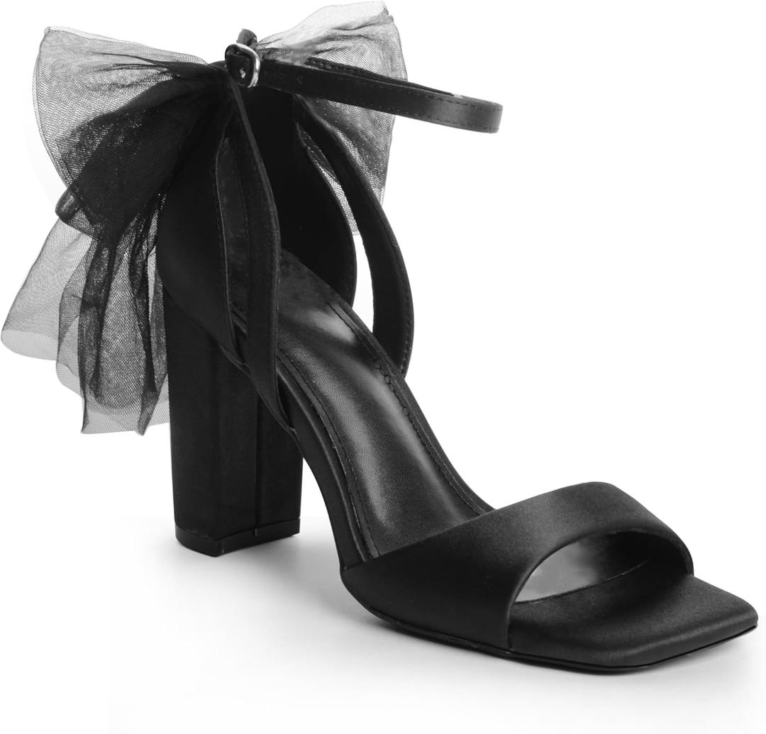 Bow Heels for Women Square Toe Chunky Heel Wedding Shoes (6.5, Black)