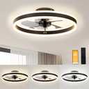 VOLISUN Low Profile Ceiling Fans with Lights and Remote, 19.7in Flush Mount Ceiling Fans with Light, 3000K-6500K Dimmable Fandelier LED Fan Light, Black Bladeless Ceiling Fans with Lights for Bedroom