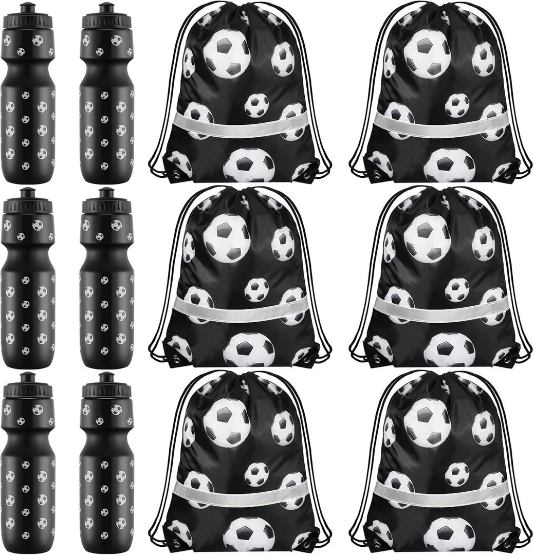 Talltalk 12 Pcs Soccer Party Favors 24 oz Soccer Water Bottle Gift for Team with Drawstring Bag Tumbler Cup Sports Themed Accessories for Event Gift Supplies