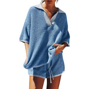Tankaneo Womens Sweater Set 2 Piece Outfits Oversized 3/4 Sleeve V Neck Knit Tops High Waisted Shorts Lounge Sets (Large, Blue)