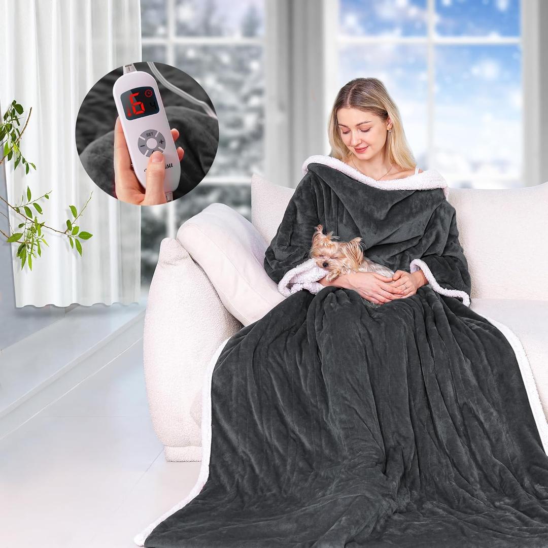 Wearable Heated Blanket with Sleeves, Electric Heated Blanket for Gifts, Electric Throw Wrap Poncho Shawl with Pockets, 6 Heating Levels & 4 Hours Time Settings, 50 x 70 Inch (Grey)