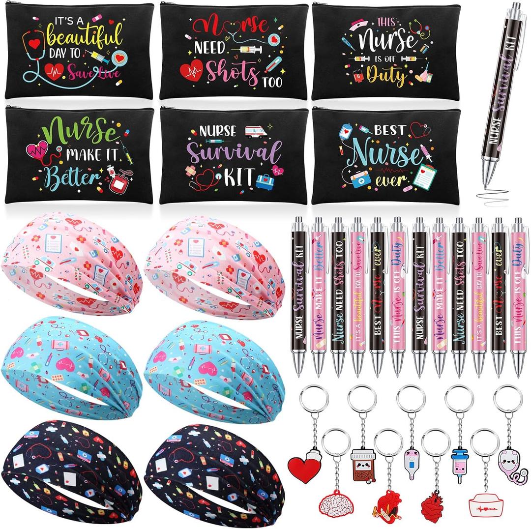 Harloon 39 Pcs Nurses Week Gifts Bulk 2025 Nurse Pens Cosmetic Bags Keychains Headbands Funny Nurse Appreciation Gifts Set 2025 for Women Students Lab Week Medical Doctor Party Favors Supplies
