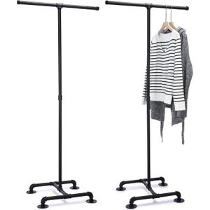 2 Way Rack 62'' Height Industrial Pipe Clothing Rack Adjustable Boutique Clothing Stand Heavy Duty with 2 Straight Arms 4 Wheels for Garment Coat Retail Vendor Display Hanging (No Wheels)