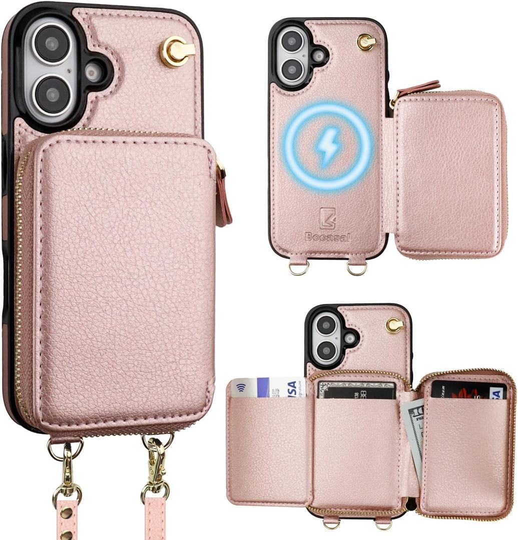 Bocasal for MagSafe Crossbody Wallet Case Compatible with iPhone 16, RFID Blocking Protective Purse Case with Card Slots Holder Kickstand Wrist Strap Lanyard Zipper 6.1 Inch 5G (Rose Gold)