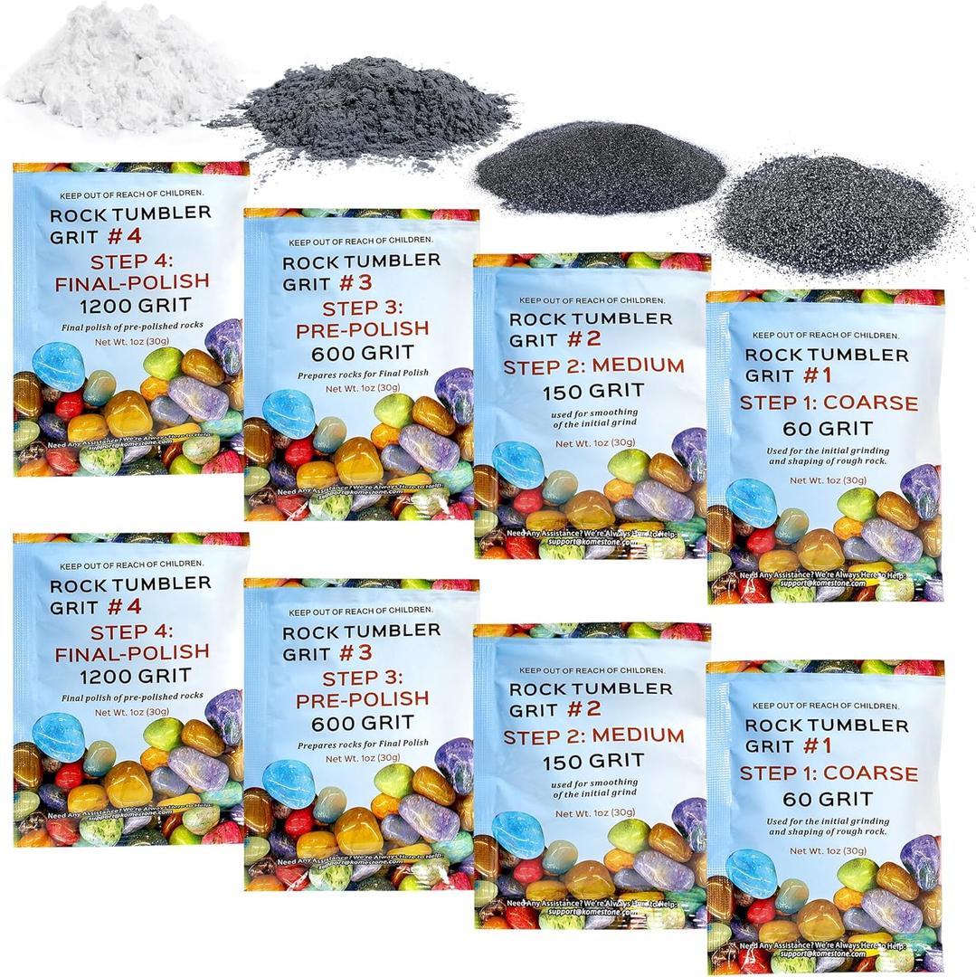 Rock Tumbler Grit Refill Kit  Complete 4-Step Polishing Media Starter Pack, Silicon Carbide & Aluminum Oxide, 8 Bags Abrasive Grit for 2 lbs of Rocks, Compatible with All Tumblers