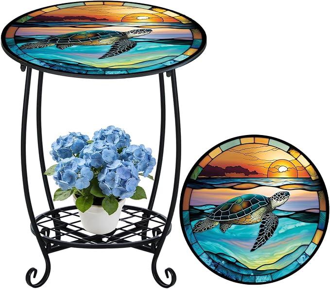 Cinnvoice Outdoor Side Table Round Small Mosaic Patio Accent Indoor End Plant Coffee Tea Table for Yard Patio Porch Garden Living Room, Bedroom(Turtle Style,18 Inch)