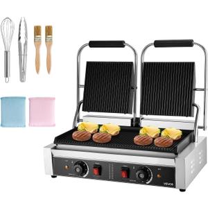 VEVOR Commercial Panini Grill, 3600W Electric Sandwich Panini Maker, Stainless Steel Double Sandwichs Press with Handle and Temp Control, 19x9 in Full Grooved Enamel Plate, for Hamburger Steak Bacon