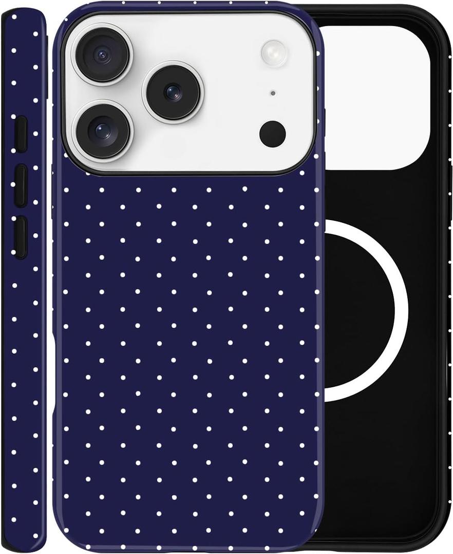 Magnetic Case for iPhone 17 Pro Max, Compatible with MagSafe, Aesthetic Polka Dot Cute Design for Women, Hybrid 2-Layer Hard Shell Phone Cover, Blue