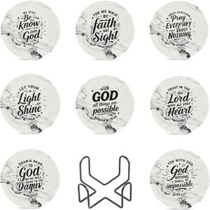 Ceramic Coasters Set of 8 with Holder - Christian Bible Verse Drink Coasters, Absorbent Marble Coasters for Table, Religious Gifts for Women Friends Family, 4 Inches