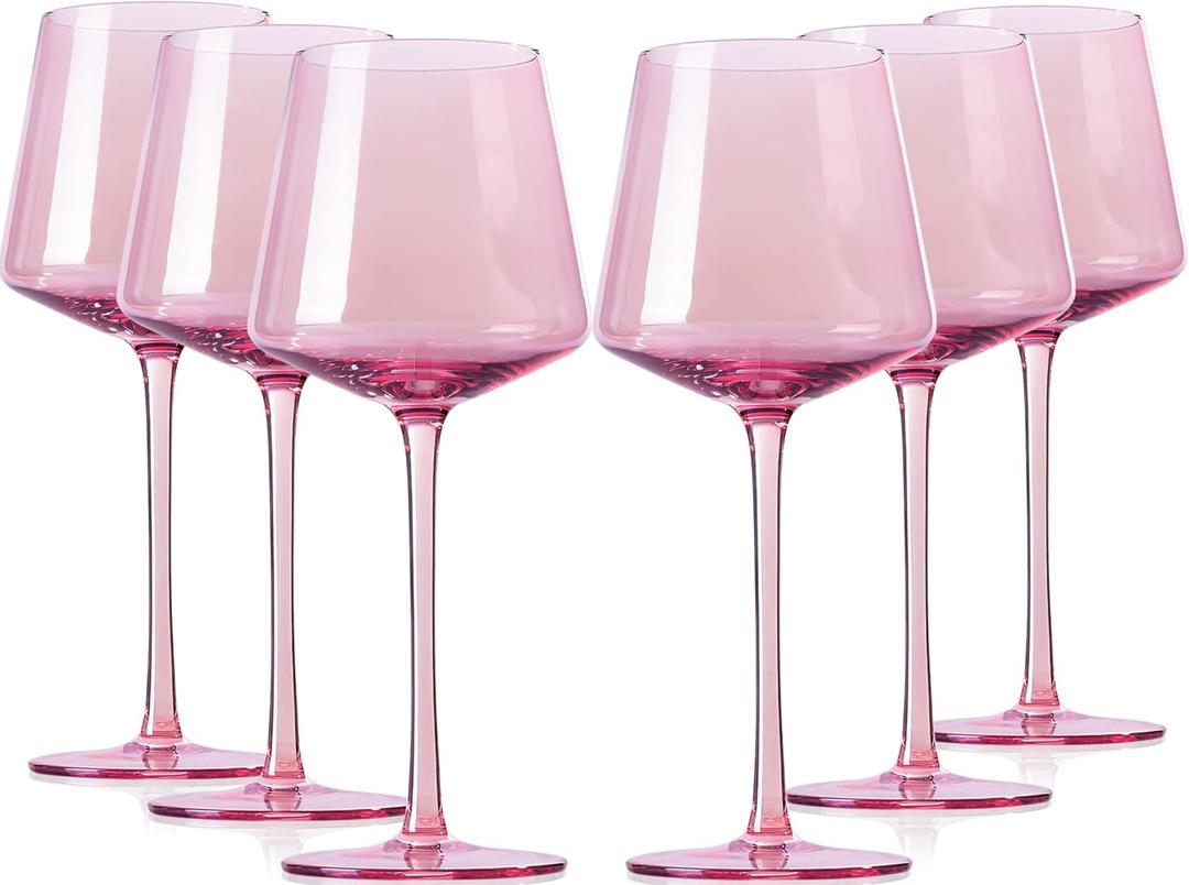 Pink Wine Glasses Set Of 6 - Crystal Colorful Wine Glasses With Long Stem and Thin Rim,Modern Colored Wine Stemware for Wedding,Birthday,Anniversary18oz(Pink)