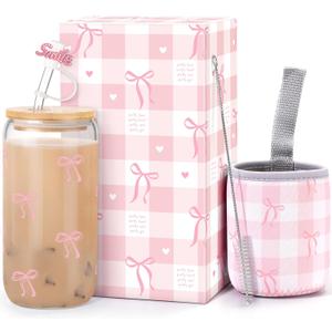 Dosuarue Coquette Cute Pink Bow Glass Cups with Lids and Straws, 16oz Aesthetic Iced Coffee Cup, Girly Preppy Design Tumbler Mug, Birthday Valentines Christmas Gifts Teen Girl Gifts Trendy Stuff