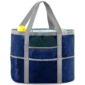 EASYFUN Beach Bag Large Mesh Beach Bag Lightweight Beach Tote with 9 Pockets Foldable Vacation Trip Essentials