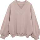 Hilinker Womens V Neck Oversized Sweatshirts Cute Pullover Drop Shoulder Long Sleeve Tops Fall Winter Taupe Small (S)