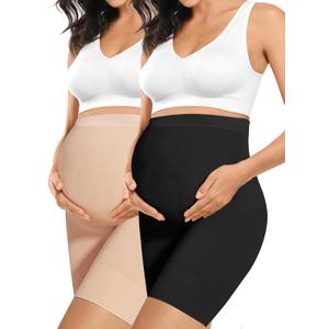 Baby Bump Premium Maternity Shapewear, High Waisted Mid-Thigh Pregnancy Underwear Prevent Chaffing Soft Adominal Support (Large, Nude+black)