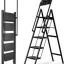 5-Step Folding Ladder with Handrails, Heavy Duty Ladders for Home & Kitchen, Folding Ladder Easy to Store, Tall Ladder for Adults, Anti-Slip & Space-Saving Step Ladder, 330 Lbs Capacity