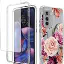 Case for Moto Edge 2022/Motorola Edge 2022 5G UW XT22051 with Tempered Glass Screen Protector, Floral Design Full Body Protective Cell Phone Cover for Motorola Moto Edge 2022 5G Purple Flower