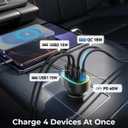 75W Car Charger USB C, 4 Port Super Fast Cigarette Lighter USB Charger, Type C 60W & QC 3.0 Multiport Car Phone Adapter Accessories for iPhone 17/16/15/14/13/12 Pro Samsung S26 Series, Titanium