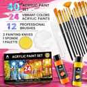 40 Pcs Acrylic Paint Set - 24 Colors (2oz/60ml) with 12 Brushes, 2 Knives & Palette - Rich Pigments for Adult, Artists & Beginners - Painting on Halloween Pumpkin Canvas Ceramic Rock Wood