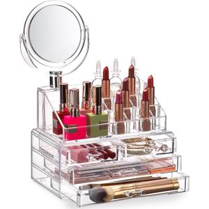 Masirs Clear Makeup Organizer with Mirror  16-Compartment Cosmetic and Jewelry Holder, 4-Drawer Vanity Storage, Elegant Clear Design for Makeup and Accessories