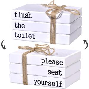 Restroom Bathroom Decor for Shelves, Funny Wooden Farmhouse Mini Book Stack for Bathroom Toilet Shelf Sign Decor Two-Sided Tabletop Decorative Set of 3 (white)