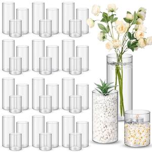 Nuogo 24 Pcs Plastic Cylinder Vases Tall Plastic Flower Vases for Centerpieces Hurricane Candle Holder for Home Wedding Office Party Formal Dinners Decorations (4''/6''/8'')