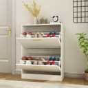 Shoe Cabinet Storage for Entryway Slim, Narrow Shoe Storage Cabinet with 2 Flip Drawers, Freestanding Hidden Shoe Organizer Rack Cabinet, White