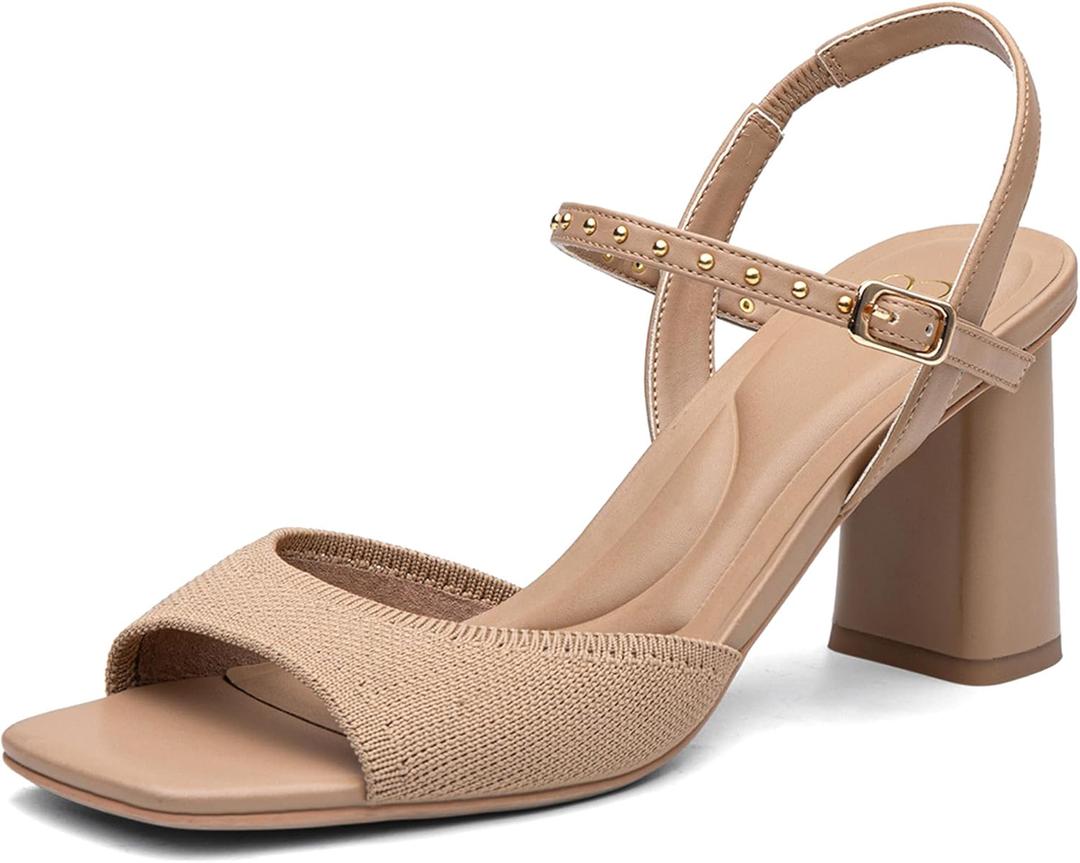NEWBELLA Women's Chunky Heel Sandals - Open Square Toe Ankle Strap Dress Sandals with Buckle, Comfortable High Heel Slingbacks for Office, Party & Evening Wear