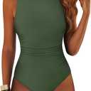 ANRABESS Women Swimsuits One Piece Tummy Control Full Coverage Backless Bathing Suit Ruched Swim Suit Beach Vacation Swimwear (Medium, Army Green)