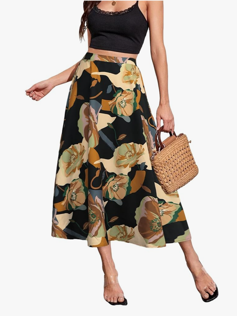 POPZONE Women's Midi Skirts Boho Fall Summer Flowy Elastic High Waist Floral Below The Knee Long Skirts for Women Size M