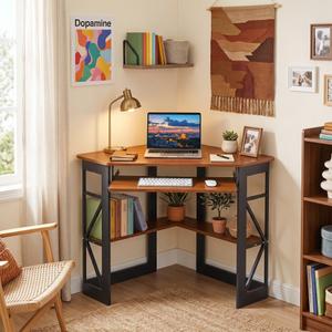 VECELO Corner Computer Desk 41 x 30 inches with Smooth Keyboard & Storage Shelves for Home Office Workstation, Teak, 29.5"d X 41"w X 30"h