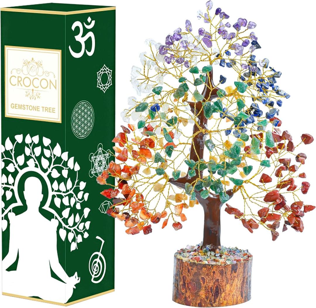 7 Chakra Crystal Tree of Life - Handmade Feng Shui Bonsai, Attract Good Luck - Gemstone Tree, Home Decoration Crystals - Seven Chakra Tree for Positive Energy, Meditation Accessories, Money Tree Gift (001 Seven Chakra (Golden Wire))