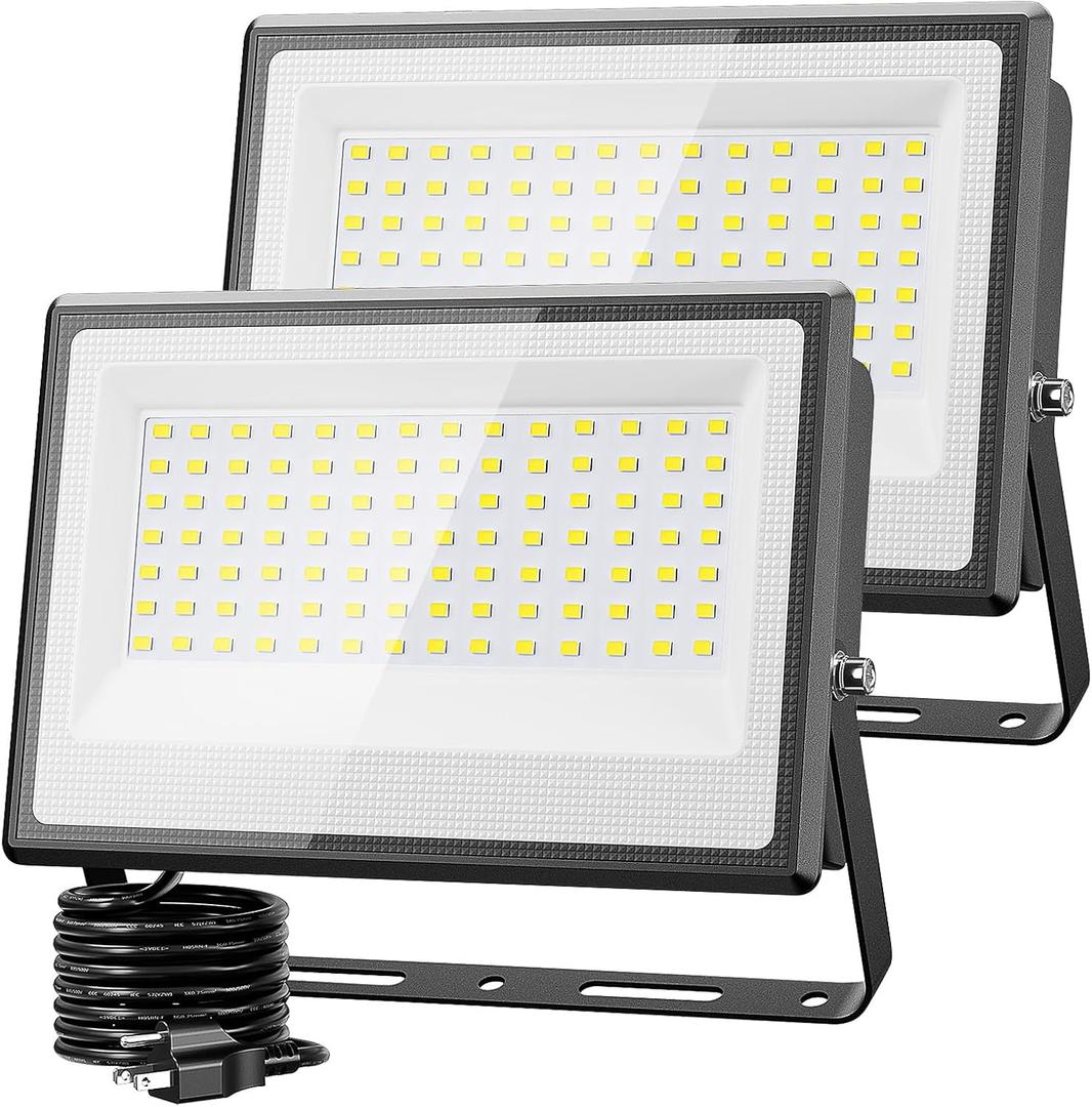 Olafus 2 Pack 130W LED Flood Light Outdoor, 13000lm LED Work Light with Plug, IP66 Waterproof Exterior Security Lights, 6500K Daylight White Outside Floodlights for Playground Yard Stadium Lawn