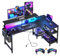 ODK 48 Inch Gaming Desk with USB Charging Ports and LED Lights, Reversible L Shaped Computer Desk with Storage Shelves & Monitor Stand, Corner Gamer Desk Table with Power Outlets, Black