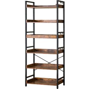 HCHQHS Adjustable 6 Tier Open Bookcase, Rustic Farmhouse Book Shelves, Industrial Wood and Black Metal Bookshelves, Mid Century Bookcase for Home Office Living Room Bedroom