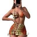 RoseSeek Women's 4 Piece Swimsuits Halter Triangle Bikini Sets Bathing Suit with Mesh Cover Up Skirt & Bandana Burnt Orange Large