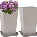 Neoaider Set of 2 Tall Planter, 21 inch Large Plastic Planter with Drain Hole & Saucers, Large Outdoor Planters for Porch, Garden, Patio, Balcony(Light Gray)