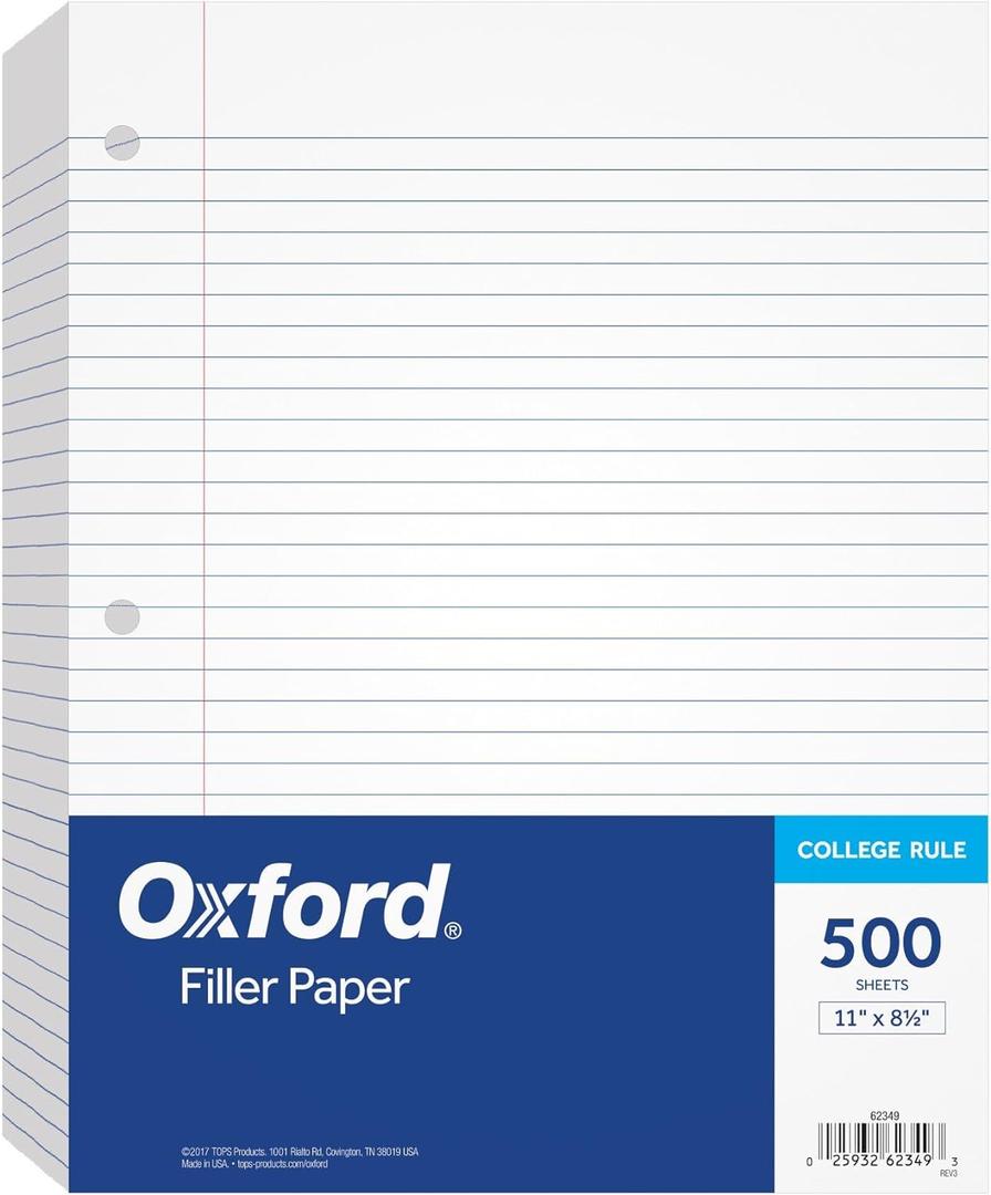 Oxford Loose Leaf Paper, 500 Sheets, College Rule Filler Notebook Paper, 8-1/2" x 11", 3-Hole Punched Fits 3-Ring Binders (62349)