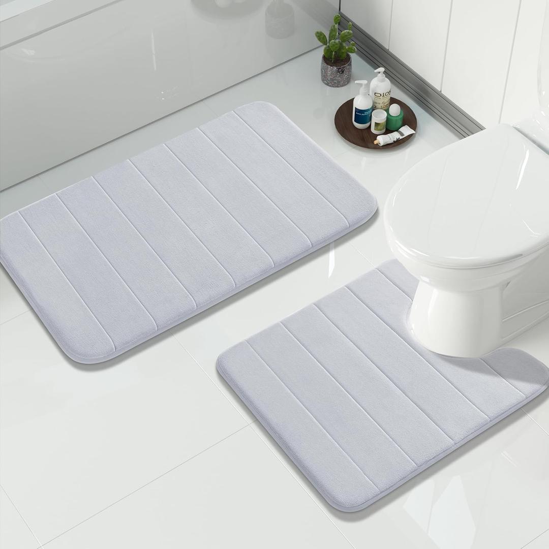 Yimobra Memory Foam Bath Mat Set 2 Piece - Super Soft Absorbent Quick Dry Bathroom Toilet Rugs, Machine Washable Non Slip Floor Carpet for Tub Shower & Single Sink (31.5x20 & 24x20, Silver)