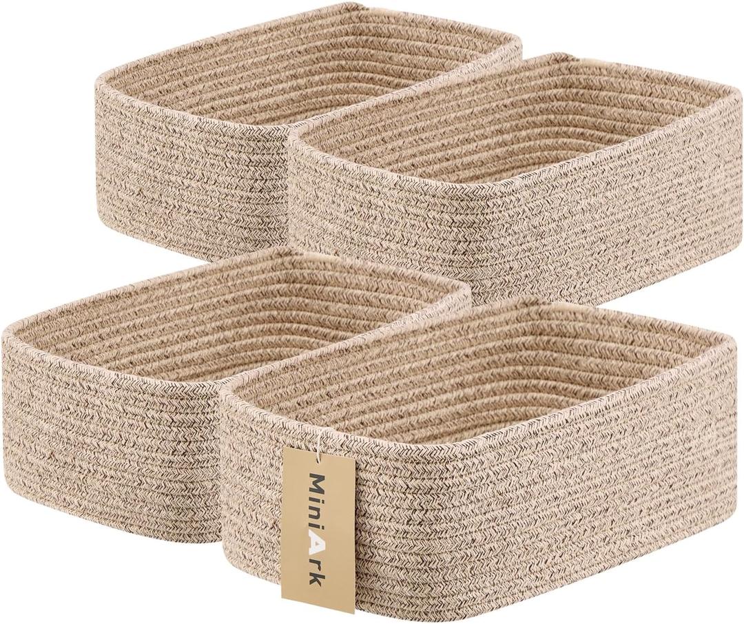 MiniArk Small Storage Baskets for Organizing | Closet Organizer Bins | Shelf Toy Basket | Woven Rope Baskets | Cube Decorative Box | Shallow Basket | 11.5x7.5x4.7 | 4 Packs Mixed Brown