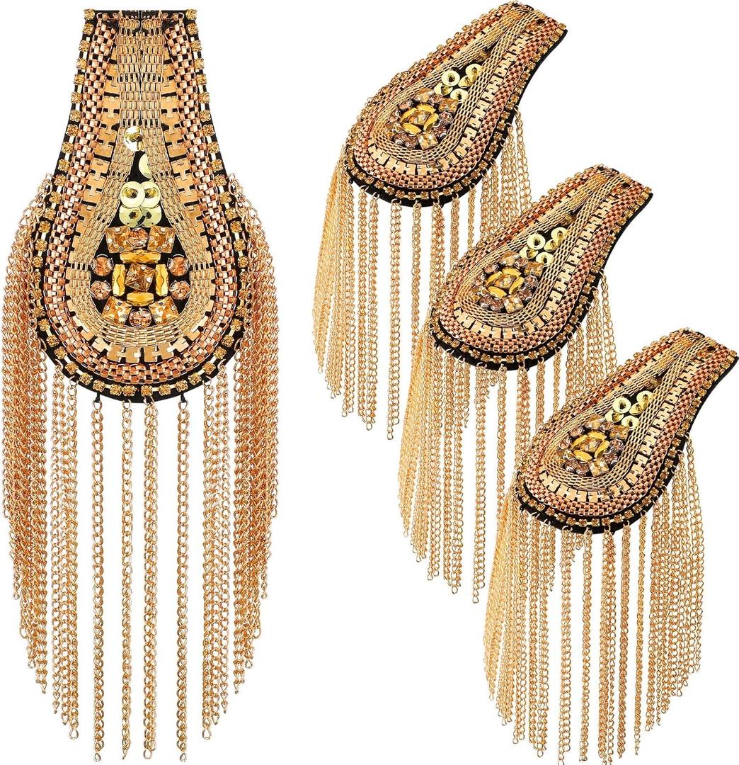 Yilloog 4 Pcs Shoulder Epaulets for Women Tassel Link Chain Boards Badge Beads Pads Punk Fringe Jewelry Pins for Men Jackets(Gold)