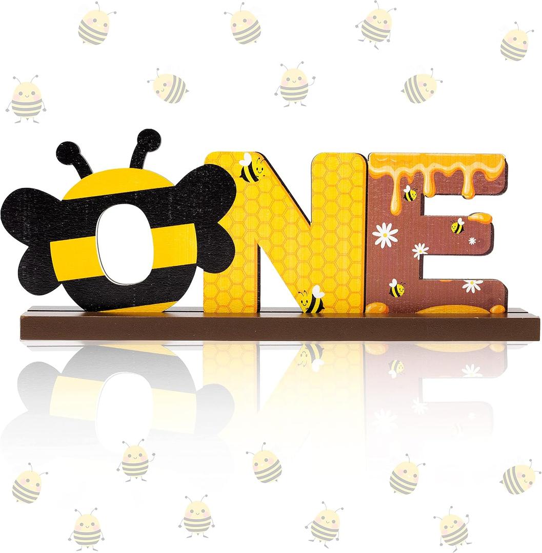 OSNIE Bumble Bee ONE Letter Sign Wooden Table Centerpieces Sweet Bee Party Decor for Baby Boys Girls Summer Honey Theme 1st Birthday Milestone Baby Shower Cake Smash Photo Props for One Year Old