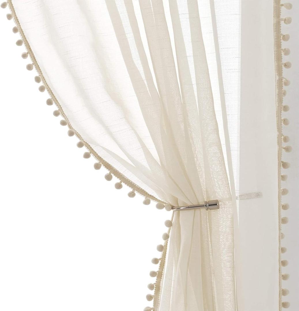 Treatmentex Pom Pom Linen Sheer Curtains for Living Room 63 inches Length Slub Textured Natural Farmhouse Window Sheers Drapes 52" w x 2 Pack, Rod Pocket, Beige