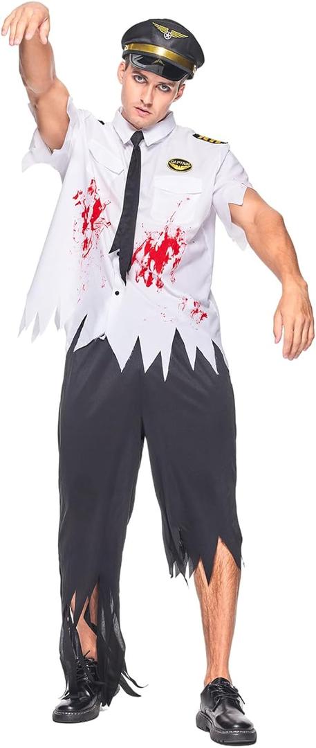 EraSpooky Zombie Pilot Costume for Men Halloween Airline Captain Outfit Bloody Outfit M