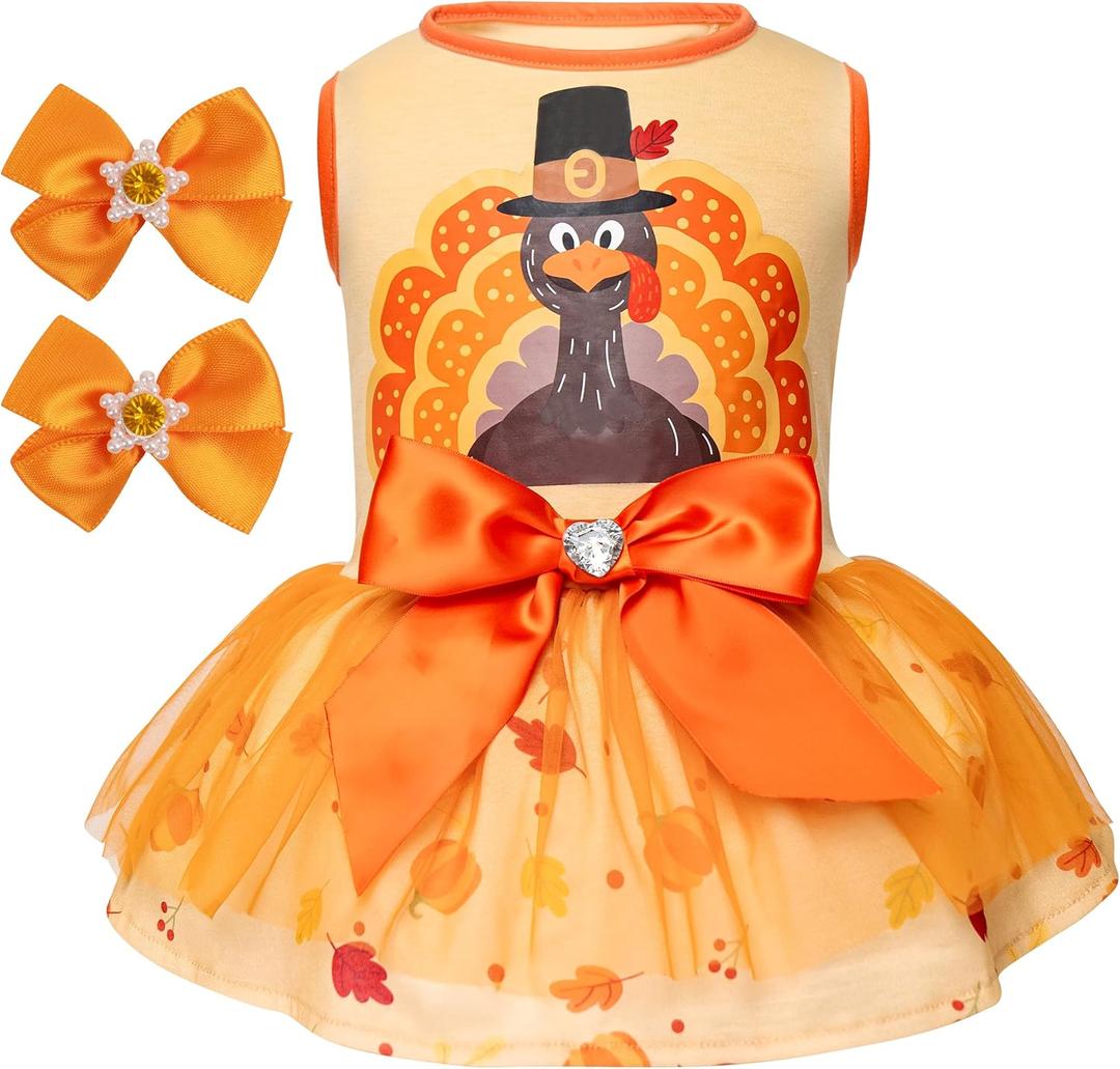 cyeollo Thanksgiving Day Dog Dress Turkey Small Puppy Clothes Tulle Dog Dresses Pet Costumes Holiday Doggie Outfit Girl, Size Medium