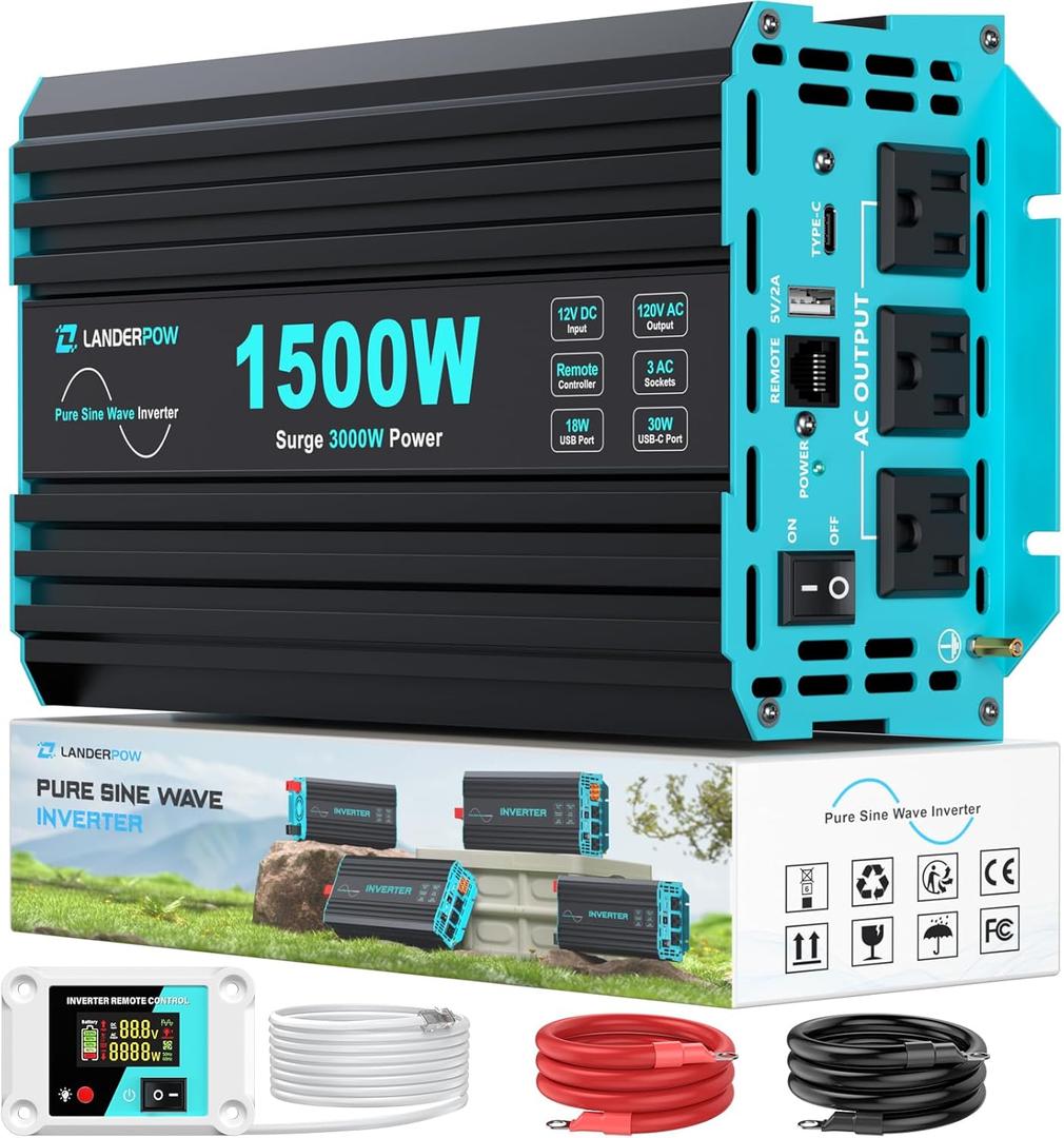1500 Watt Pure Sine Wave Inverter, 12V DC to 120V AC Inverters for Car, RV, Truck, Home, Camping, Solar Power Inverter with 3 AC Outlet, 30W USB-C, 5V 3.1A USB, Remote Control, Surge 3000W