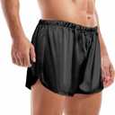 Mens Satin Boxers 3 Inch Inseam Silk Shorts Sexy Underwear Pajama Bottoms Large Split Sides (Black), L