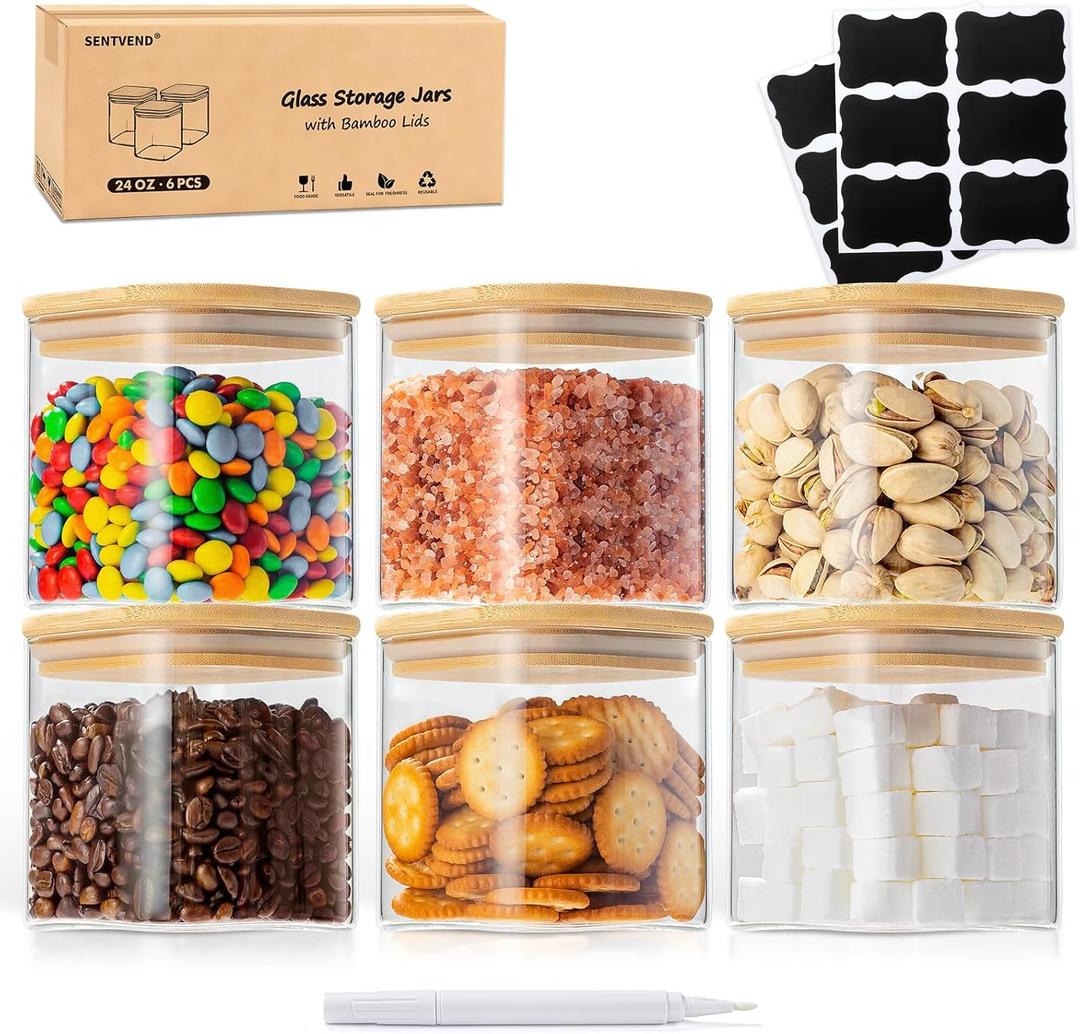 24 Oz Glass Storage Jars with Bamboo Lids - 6 Pack Clear Glass Canisters Square Airtight Stackable Ideal for Pantry Storage Containers Organizers Great for Storing Oats Coffee Beans Nuts