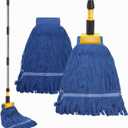 Commercial Mop, Heavy Duty Looped End String Wet Mop with 64'' Long Handle, Industrial Cotton Dust Mop with Extra Replacement Heads for Home, Office, Garage, Warehouse Floor Cleaning