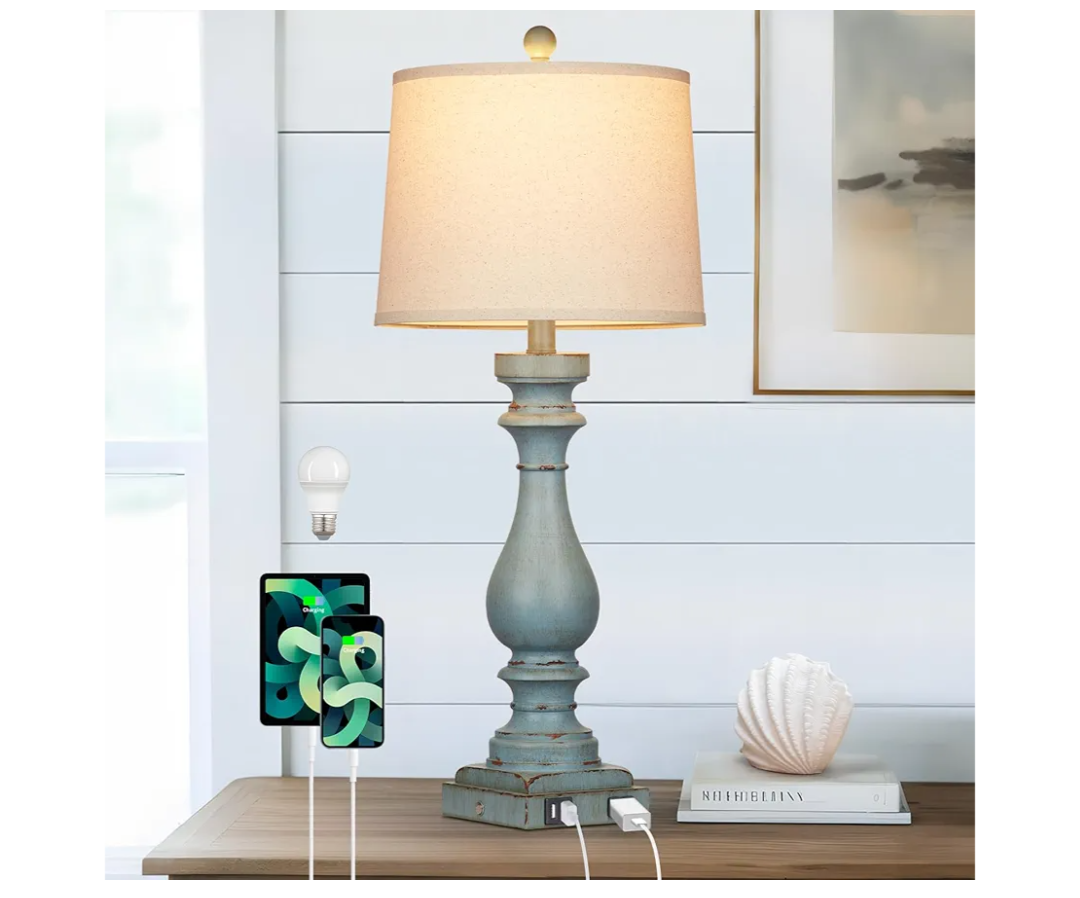 27.5" Tall Coastal Lamp,Retro-Blue Vintage Bedside Nightstand Lamps with USB Charging Ports A/C,3-Way Dimmable Touch Control Table Lamps for Bedroom Living Room,Single Blue