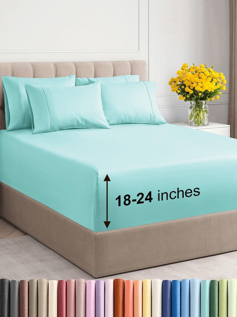 Extra Deep Queen Sheet Set - 6 Piece Breathable & Cooling Sheets - Hotel Luxury Bedding Set with 18-24 Inch Extra Deep Pockets - Easy Fit - Super Soft, Wrinkle Free and Comfy - Spa Blue, Queen Size